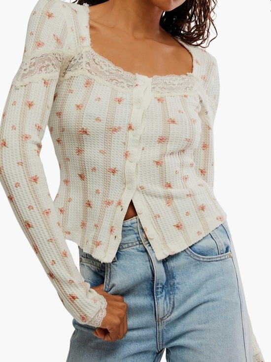 Free People Tops - Free People
Let's Party Floral Lace Trim Cotton Waffle Knit Button-Up Top